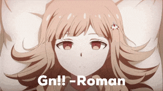 a girl is laying on a bed with the words gn ! - roman written below her