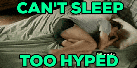 a man is laying on a bed with the words can 't sleep too hyped below him