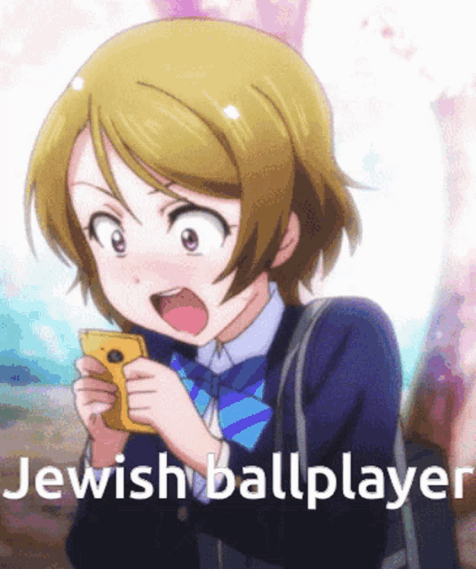 a girl is holding a cell phone with the words jewish ballplayer written below her