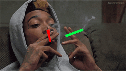 a man in a hoodie is smoking a cigarette with a red arrow pointing to the right
