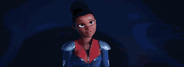 a cartoon character is wearing a blue and red superhero suit and looking at the camera .