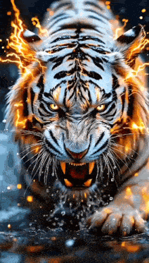 a tiger with flames coming out of its mouth is walking in the water .