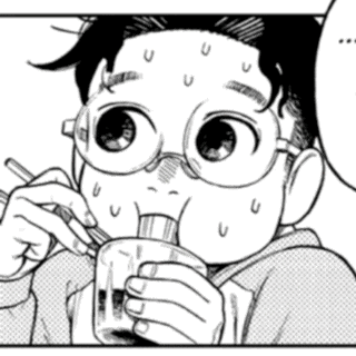 a black and white drawing of a boy wearing glasses drinking from a cup .