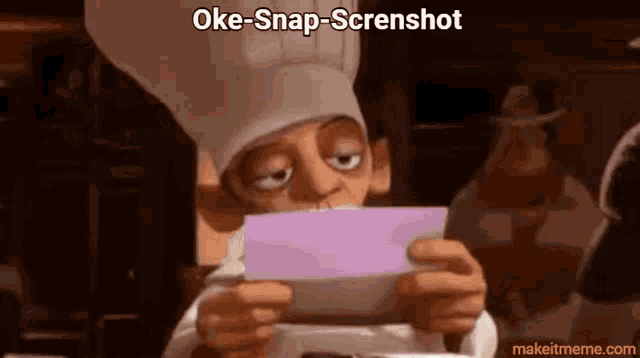 a cartoon character holding a piece of paper with the words oke-snap-screenshot written on the bottom