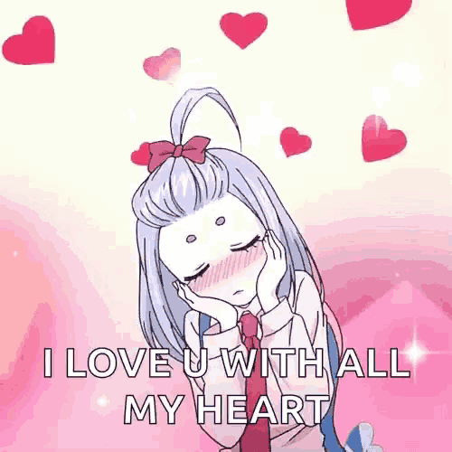 a girl with a bow on her head is surrounded by pink hearts and says `` i love u with all my heart '' .