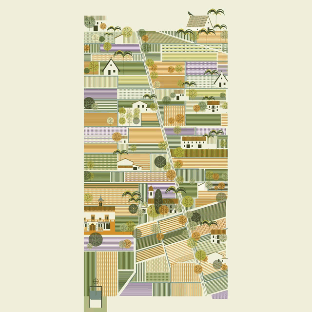 a colorful illustration of a landscape with houses and fields