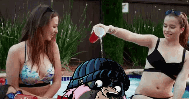 two women in bikinis are sitting in a pool with a cartoon character pouring a drink into their cups .