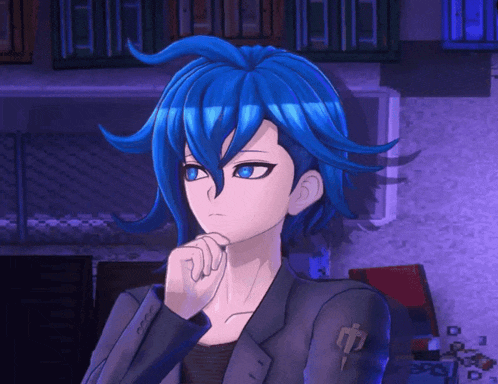 a cartoon character with blue hair and a black jacket has a chinese symbol on his chest