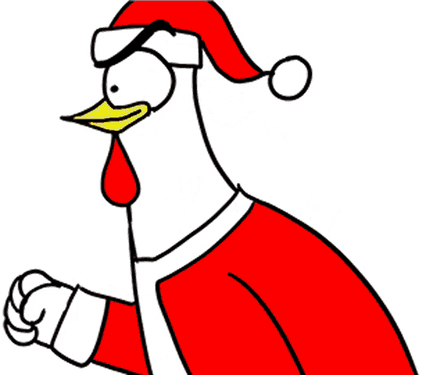 a cartoon of a chicken wearing a santa hat and a merry xmas sign