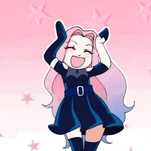 a cartoon girl with pink hair and a blue dress is dancing with her arms in the air