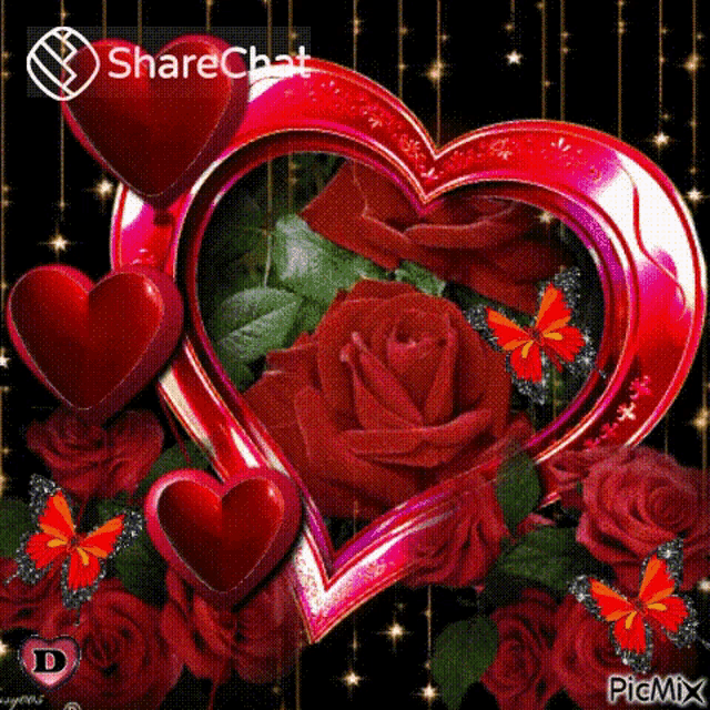 a picture of a heart surrounded by roses and butterflies .