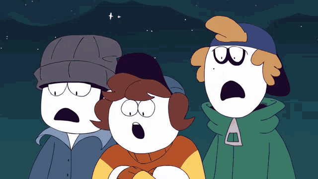 three cartoon characters are looking up at the sky with a star in the background