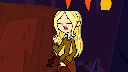 a cartoon character with blonde hair and a brown sweater