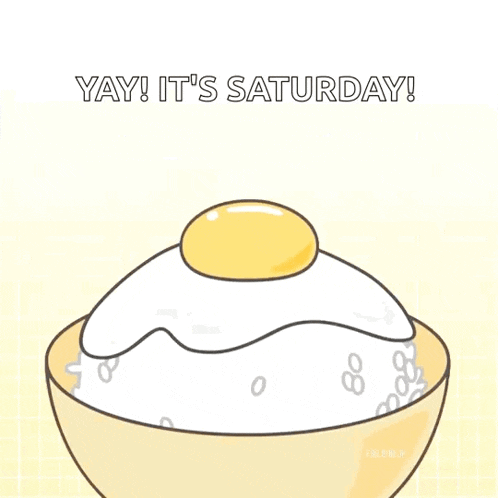 a cartoon of a yellow egg laying on top of a bowl of rice