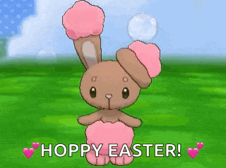 a cartoon bunny with pink ears and a pink hat is standing in a field .