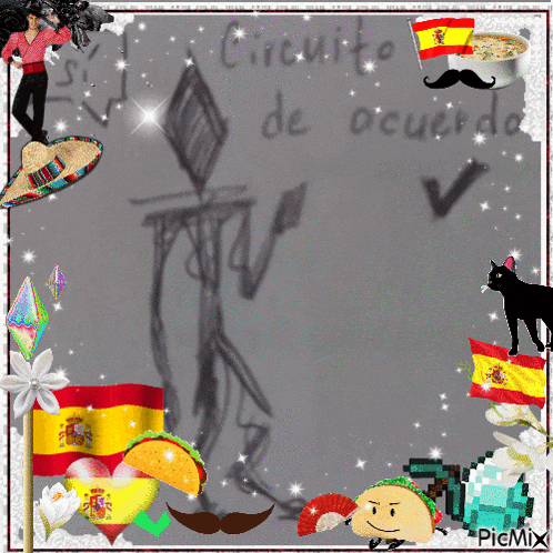 a drawing of a man surrounded by spanish flags and picmix