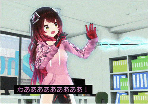 a girl in a pink hoodie is standing in a room with a sign that says ' わ ' on it