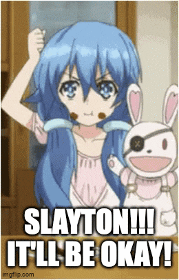 a girl with blue hair is holding a stuffed bunny and says " slayton !!! it 'll be okay "