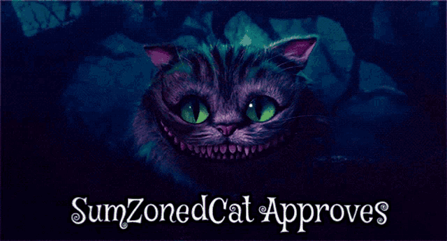 a purple cat with green eyes and the words sumzonedcat approves on the bottom