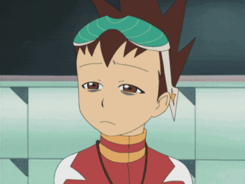 a cartoon character with a sad look on his face wearing a headband