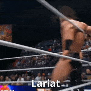 a man is in a wrestling ring with the word lariat written on the bottom