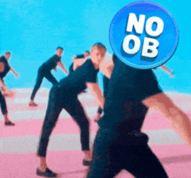 a group of people are dancing in front of a blue circle that says no ob