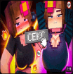 a minecraft girl is holding a sign that says ' cekt ' on it .