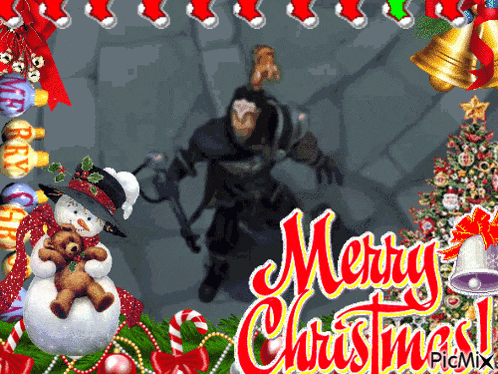 a merry christmas greeting card with a snowman