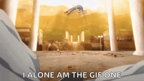 a person is standing in front of a building with the words i alone am the gif one