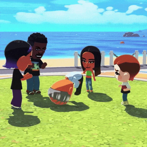 a group of cartoon characters are playing a game on a beach near the ocean