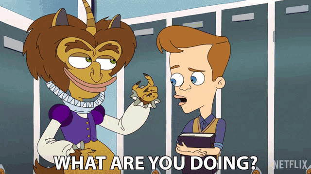 a cartoon character is asking a boy what he is doing