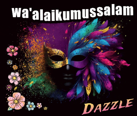 a colorful mask with the words wa ' alaikumussalam dazzle on the bottom
