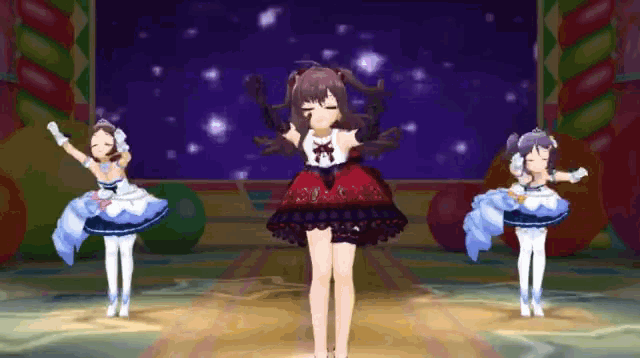 three anime girls are dancing on a stage with a purple background