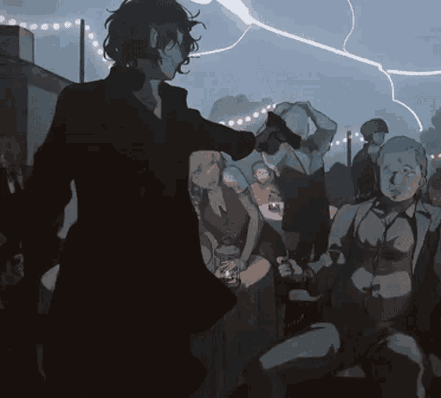 a group of people are gathered in a dark room with lightning strikes in the background
