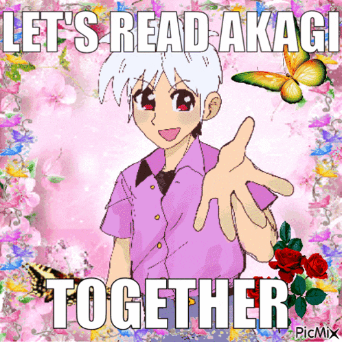 a picture of a boy with the words let 's read akagi together written on it