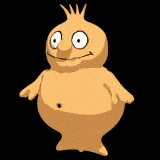 a cartoon character with a crown on his head is standing on a black background and smiling .