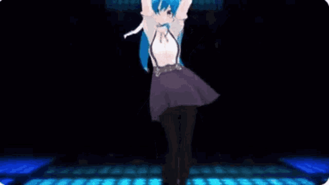 a girl with blue hair is dancing on a dance floor