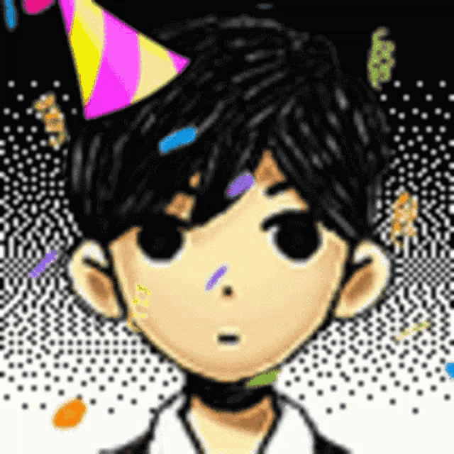 a cartoon boy wearing a party hat and a choker is surrounded by confetti .