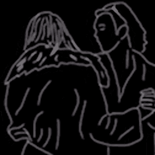 a black and white drawing of two people hugging each other .