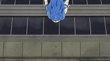 a girl with blue hair is doing a handstand with her arms outstretched