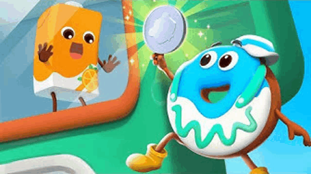 a cartoon of a donut holding a magnifying glass and a marshmallow .