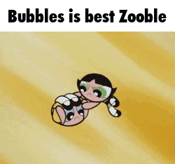 bubbles from the powerpuff girls is laying on a yellow background