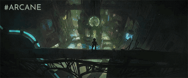 a poster for arcane shows a man standing on a bridge in a futuristic city