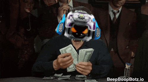 a man sitting at a table holding a bunch of money with a beep boopbotz.io logo visible