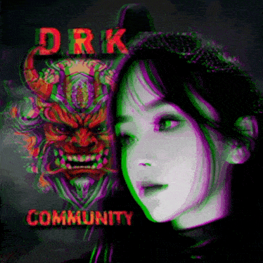 a woman is standing in front of a colorful demon and the words drk community are visible