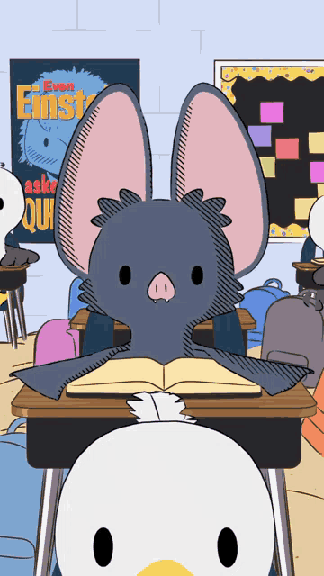a cartoon of a bat reading a book in a classroom with a poster for einstein behind it