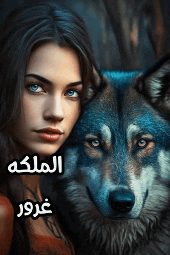 a woman standing next to a wolf with arabic writing