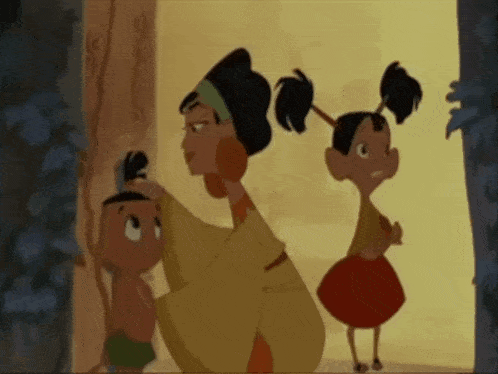 a group of cartoon characters including a woman and two girls