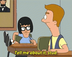 bob 's burgers bob and tina are sitting at a desk talking to each other