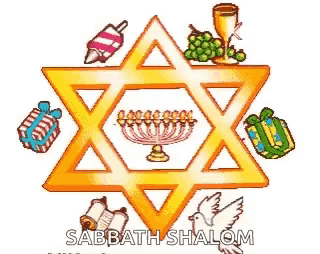 a cartoon drawing of a star of david with a menorah in the center surrounded by icons .